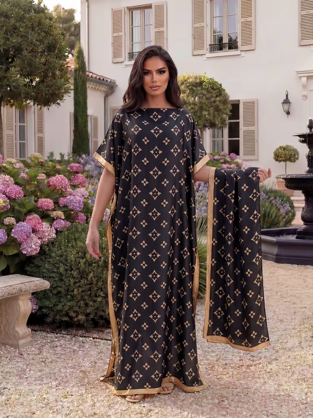 Women’s Printed Beach Caftan Cover-Up with Matching Scarf Smooth Silk Shawl
